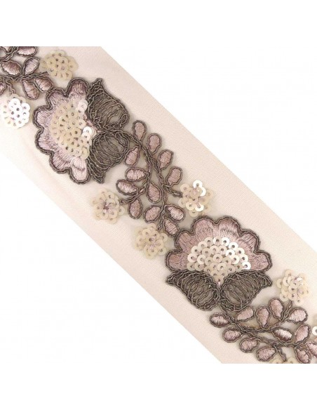 Galón camel tul bordado flores lentejuelas