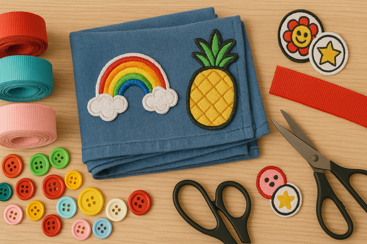 Manualidades para verano con parches, botones y cintas